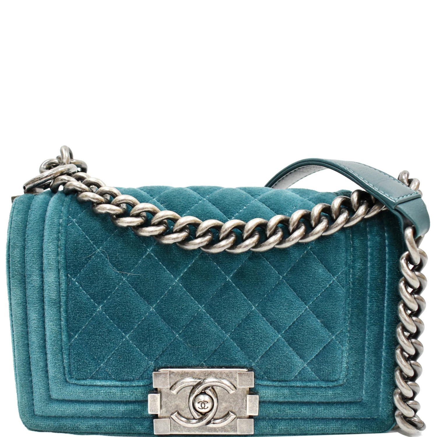 CHANEL Small Boy CC Chain Velvet Shoulder Bag Teal - 20% OFF