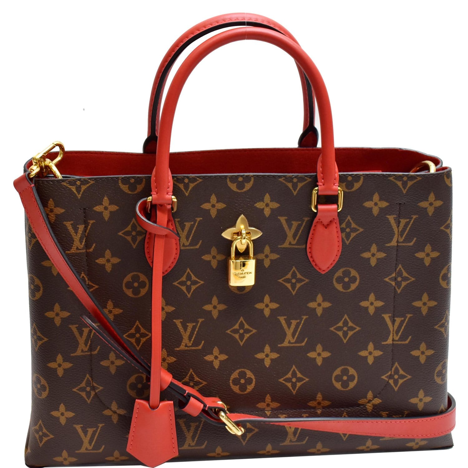 Red Leather and Brown Monogram Coated Canvas Flower Tote Gold Hardware, 2020