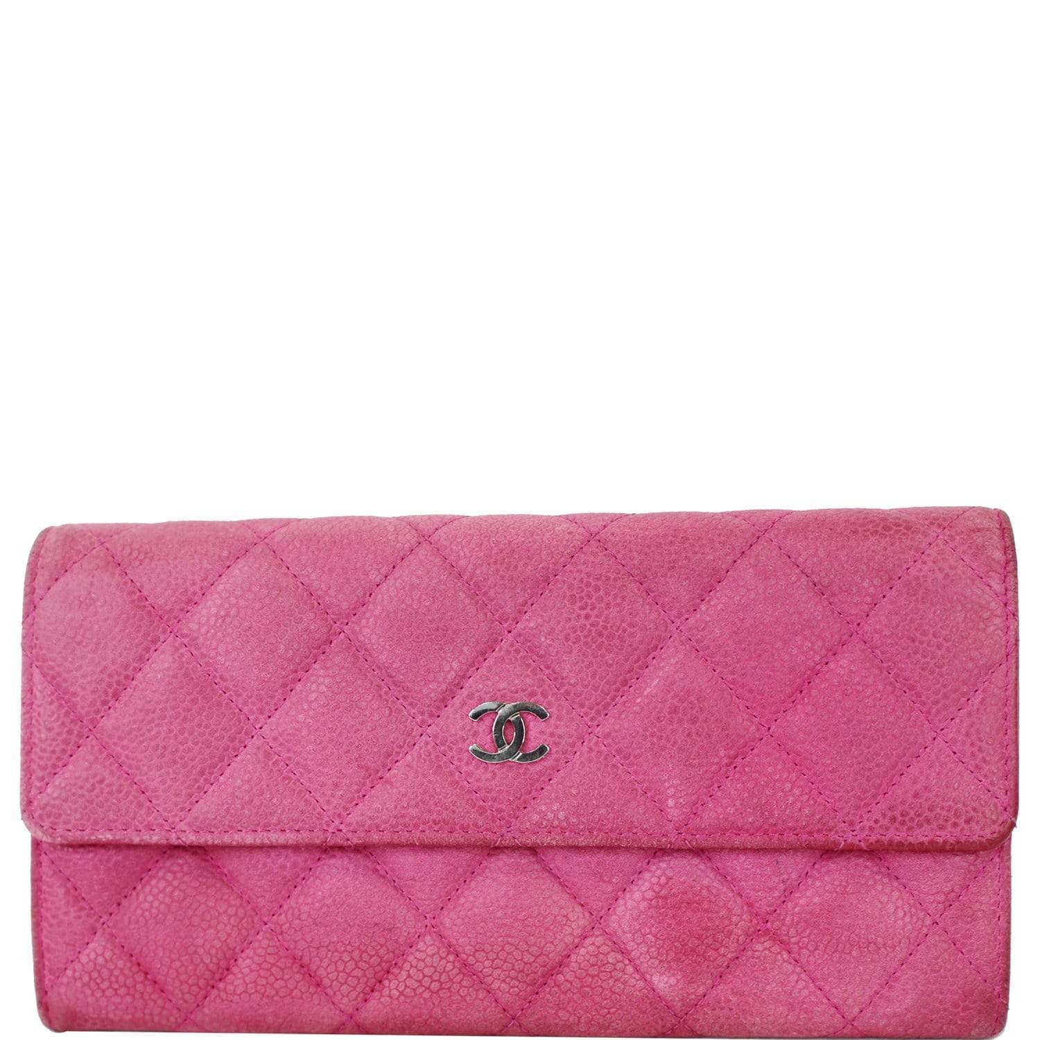 Pink Quilted Caviar Long Flap Wallet