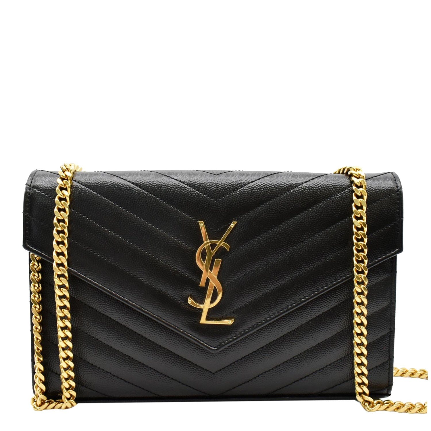 Saint Laurent Chevron Leather Monogram Wallet Chain Bag Black