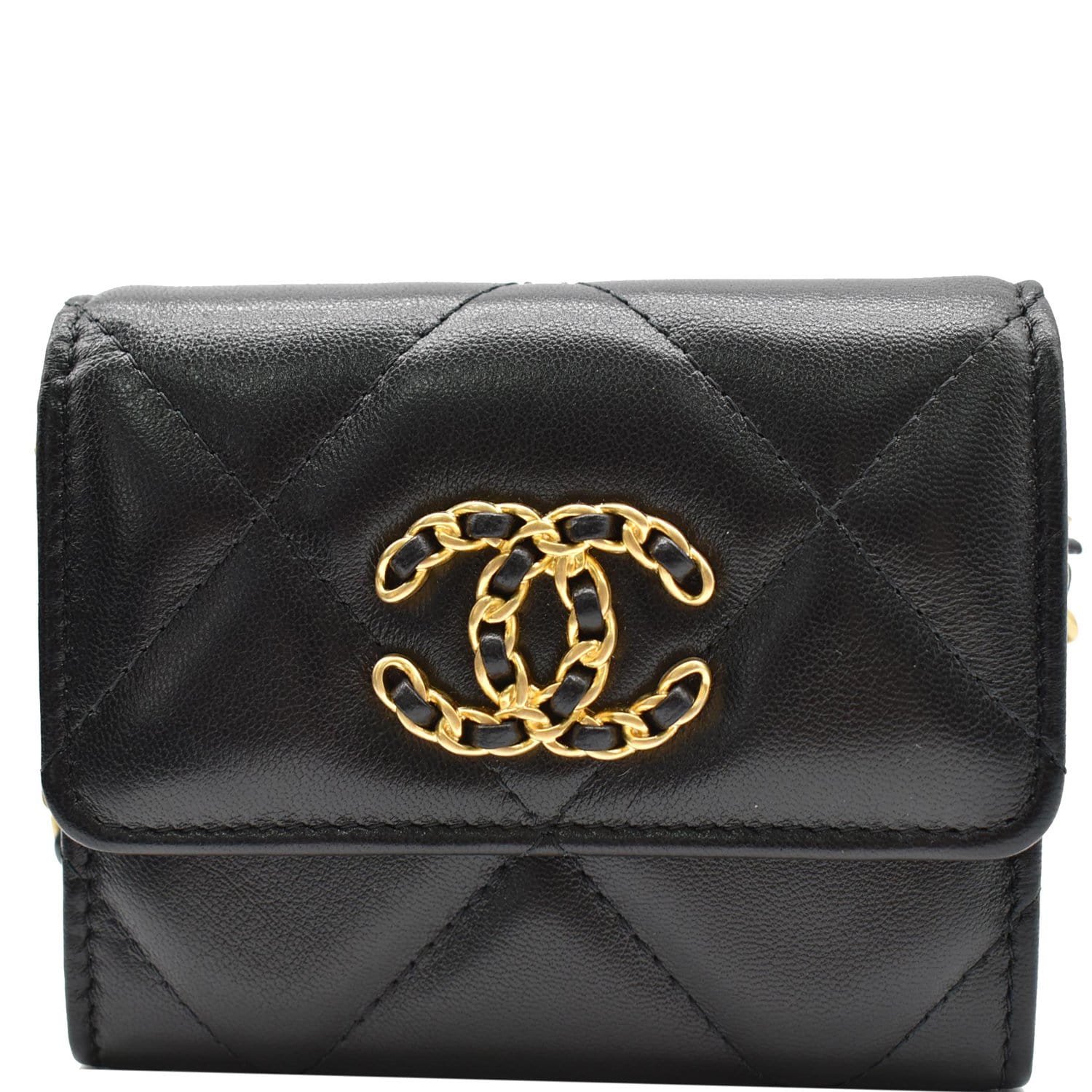 CHANEL 19 Flap Coin Purse Quilted Goatskin Chain Crossbody Bag Black