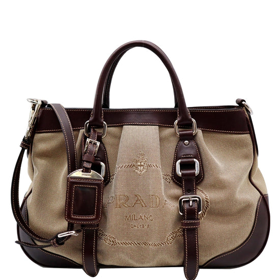 Prada shoulder bag Crossbody Bag logo Canvas jacquard beige brown white tag  Used