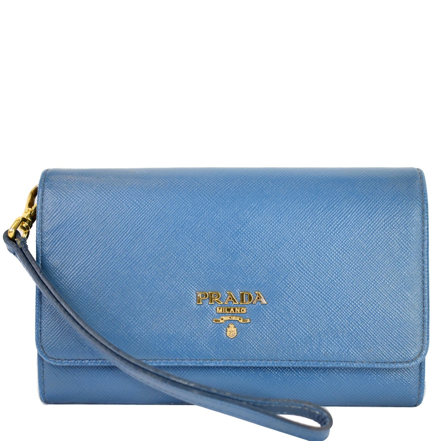 Prada Envelope Leather Chain Clutch Blue - Dallas Designer