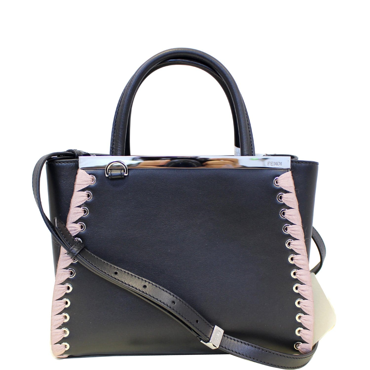 FENDI Petite 2Jours Whipstitch Leather Tote Shoulder Bag Black-US