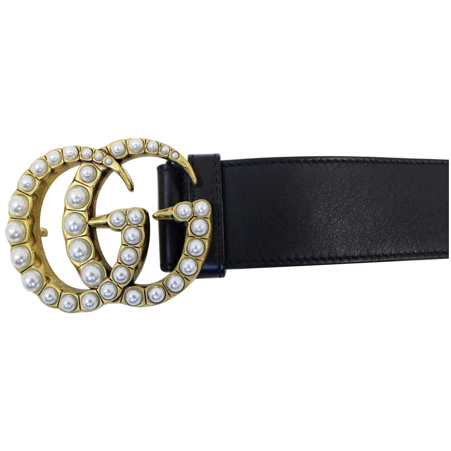 GUCCI Pearl Double G Black Leather Belt Size 44-US