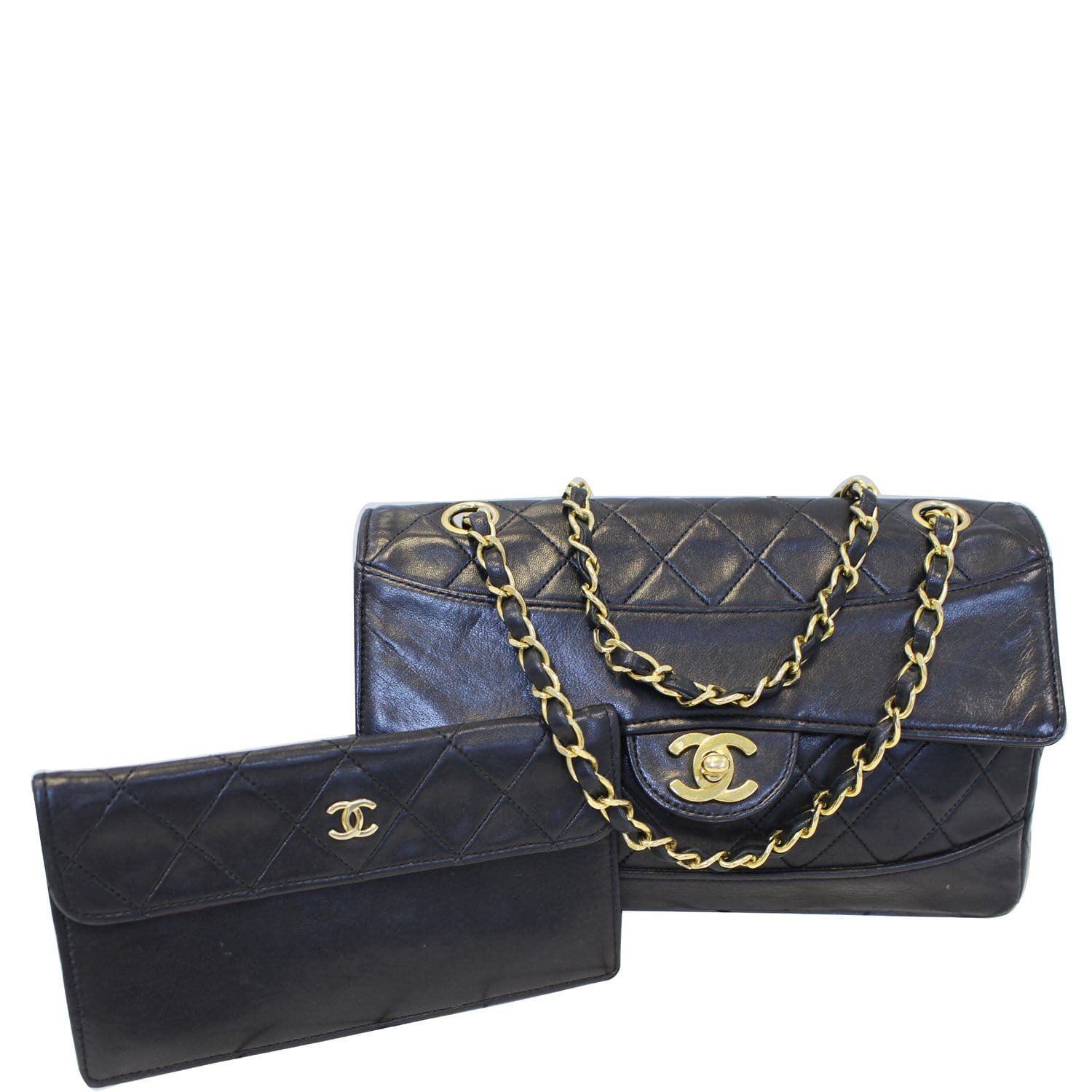 Auth CHANEL Black Quilted Lambskin Leather Chain Shoulder Flap Bag #49909