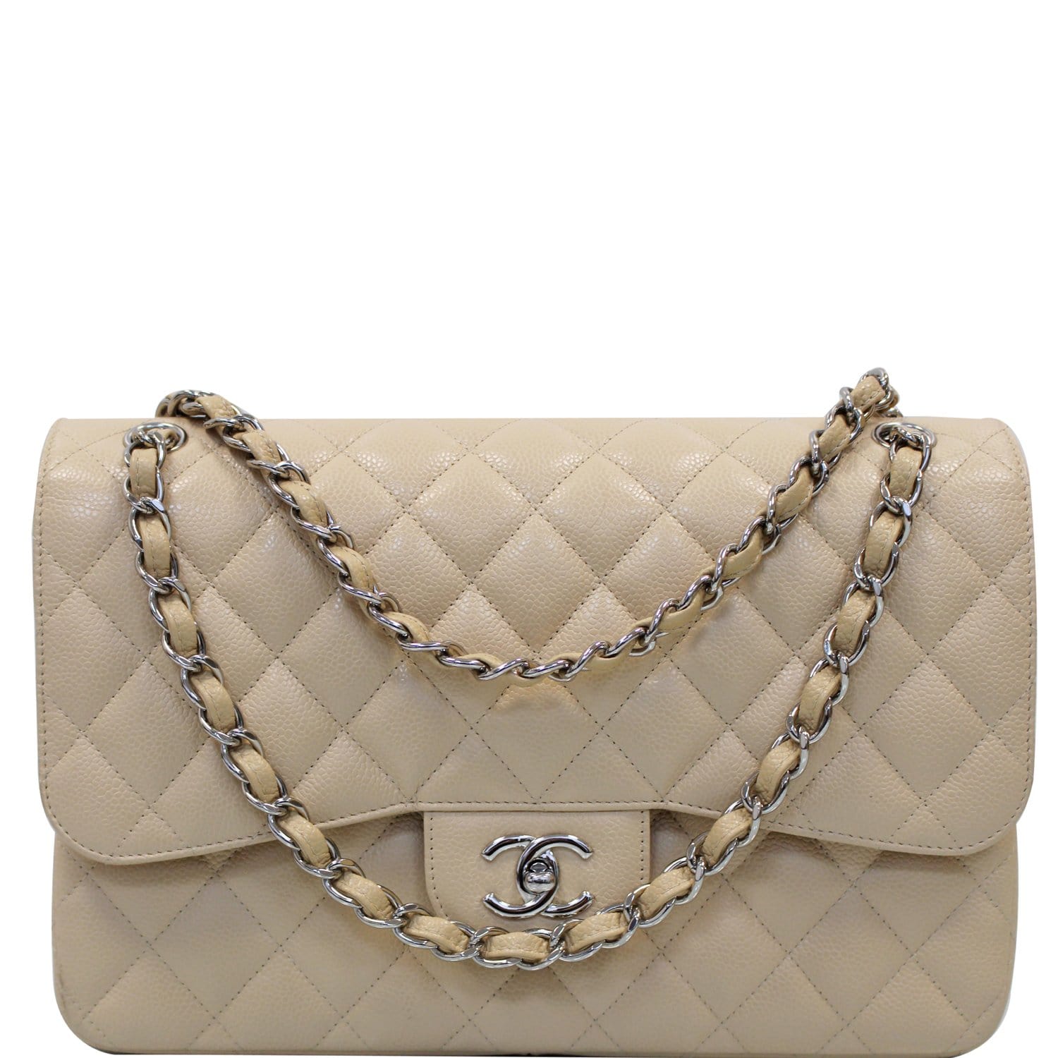 CHANEL Jumbo Double Flap Caviar Leather Shoulder Bag Beige