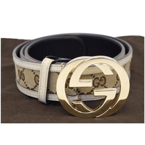 Gucci White/Beige GG Canvas and Leather Interlocking G Belt 90CM Gucci