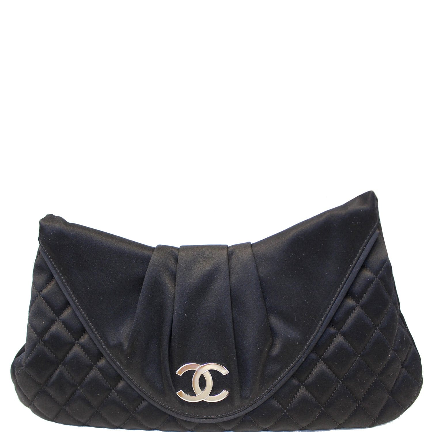 CHANEL VINTAGE BLACK QUILTED SATIN HALF MOON WRISTLET CLUTCH WOOD ACCENT