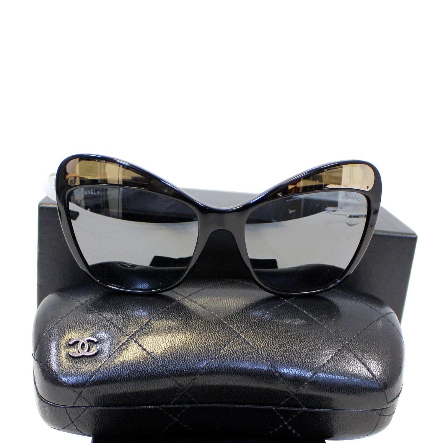 Chanel Sunglasses Black Oversized Shield Wrap Silver Monogram 