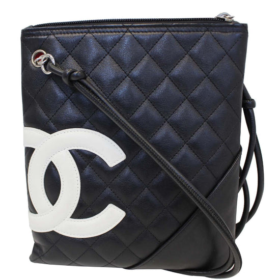 Vintage Chanel Cambon Flat Messenger Black and White Lambskin Silver  Hardware