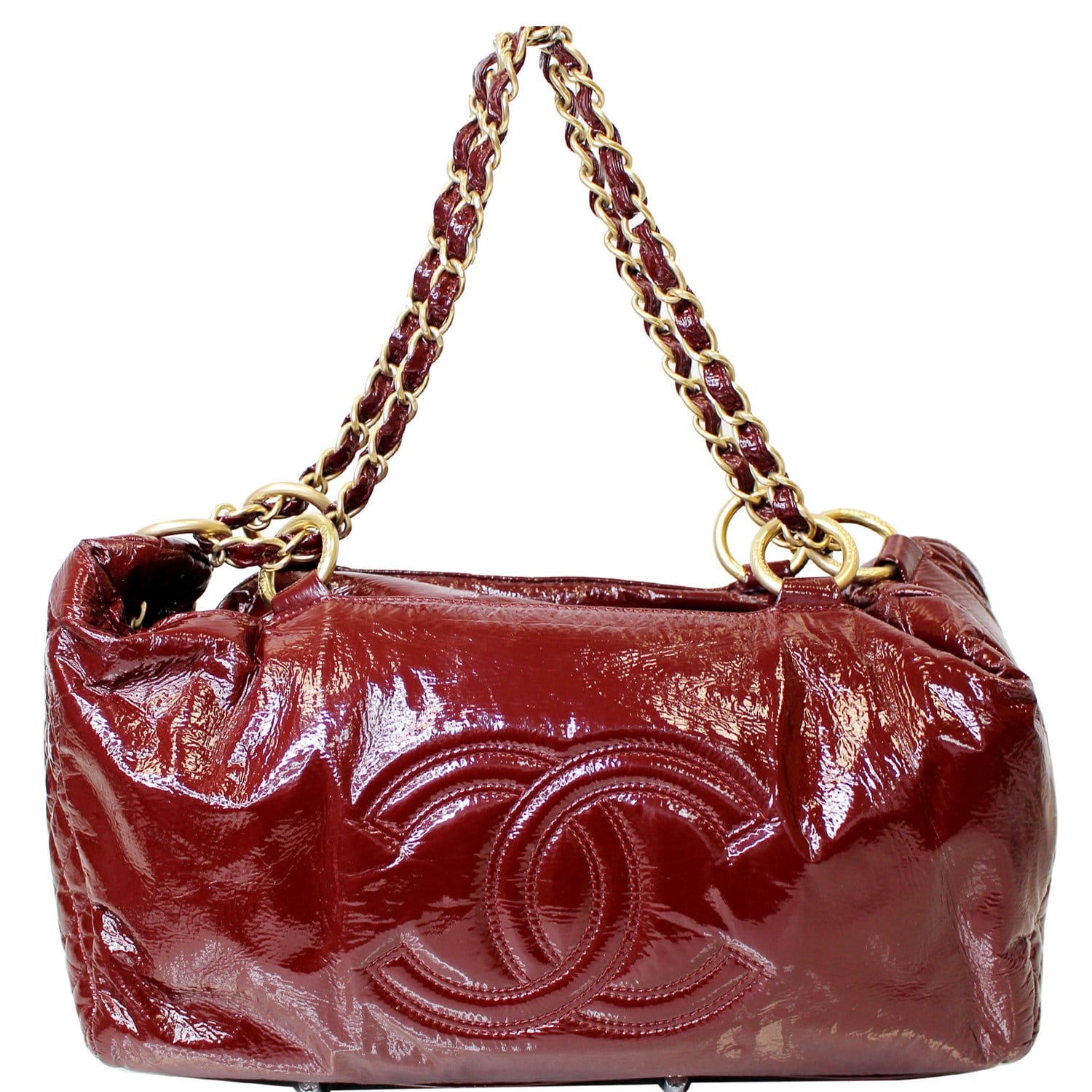 CHANEL Rock & Chain Patent Vinyl Bowler Shoulder Bag Red