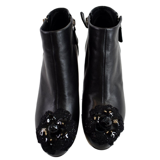 Chanel 19SS Lace-up Camellia Textile Leather Ankle Boots at 1stDibs