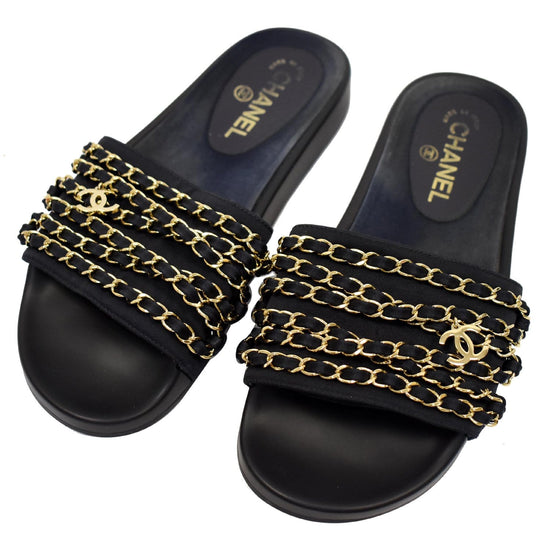 CHANEL Tropiconic Chain Fabric Mules Slides Sandals Black US 8