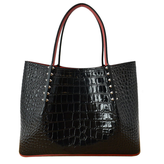 Cabarock large - Tote bag - Alligator embossed calf leather and spikes -  Black - Christian Louboutin