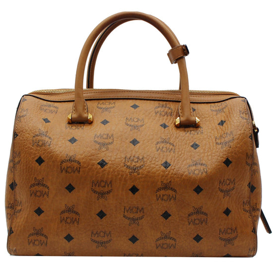 MCM Cognac Monogram Visetos Boston Bag 921mcm69  White leather backpack,  Bags designer fashion, Bags