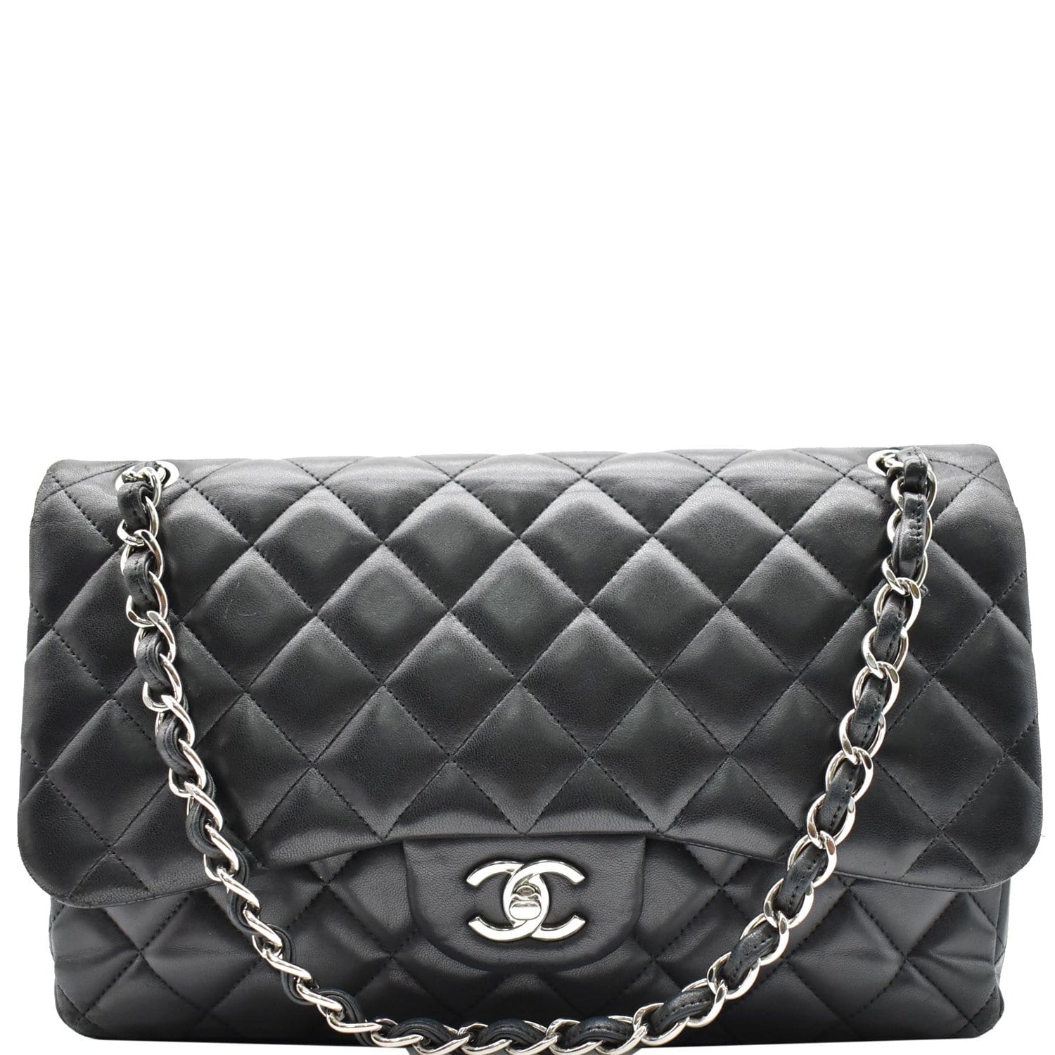 Pre-owned Chanel Black Lambskin Jumbo Double Flap Bag ($3,650) ❤ liked on  Polyvore featuring bags, handbags,…