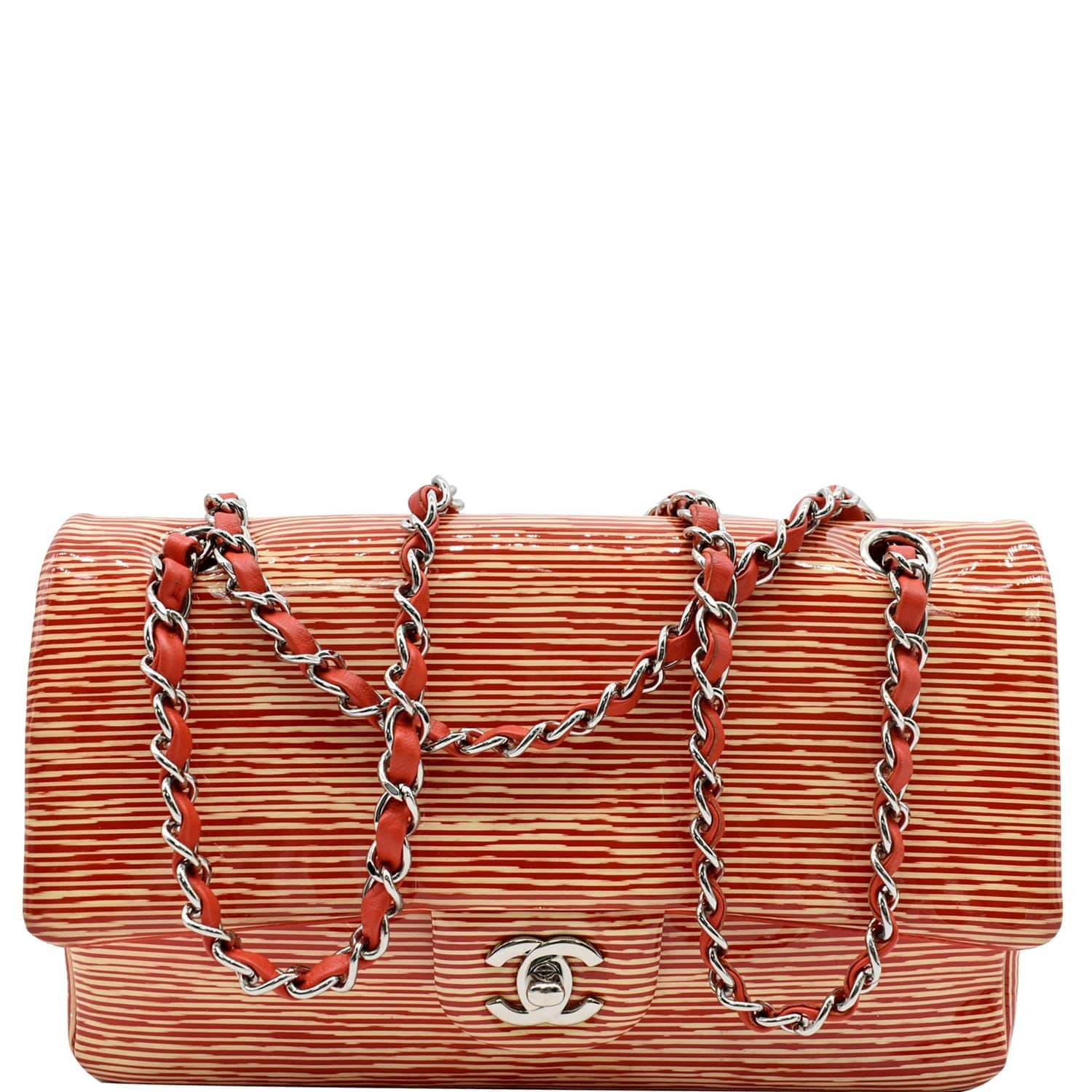 Chanel Medium Double Flap Striped Patent Leather Bag