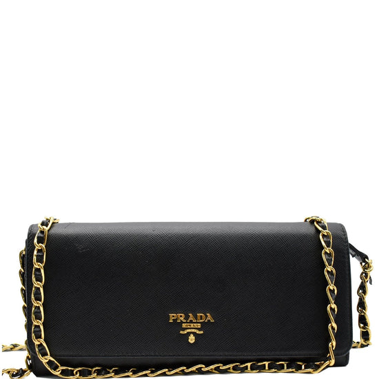 Prada Black Saffiano Metal Leather Wallet on Chain Clutch Bag