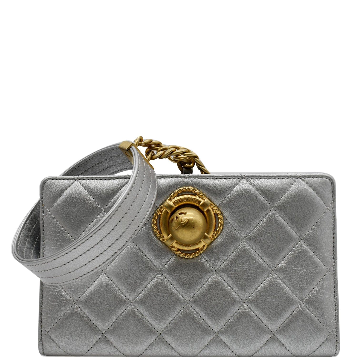 CHANEL By The Sea Quilted Lambskin Leather Clutch Wallet Metallic Silv