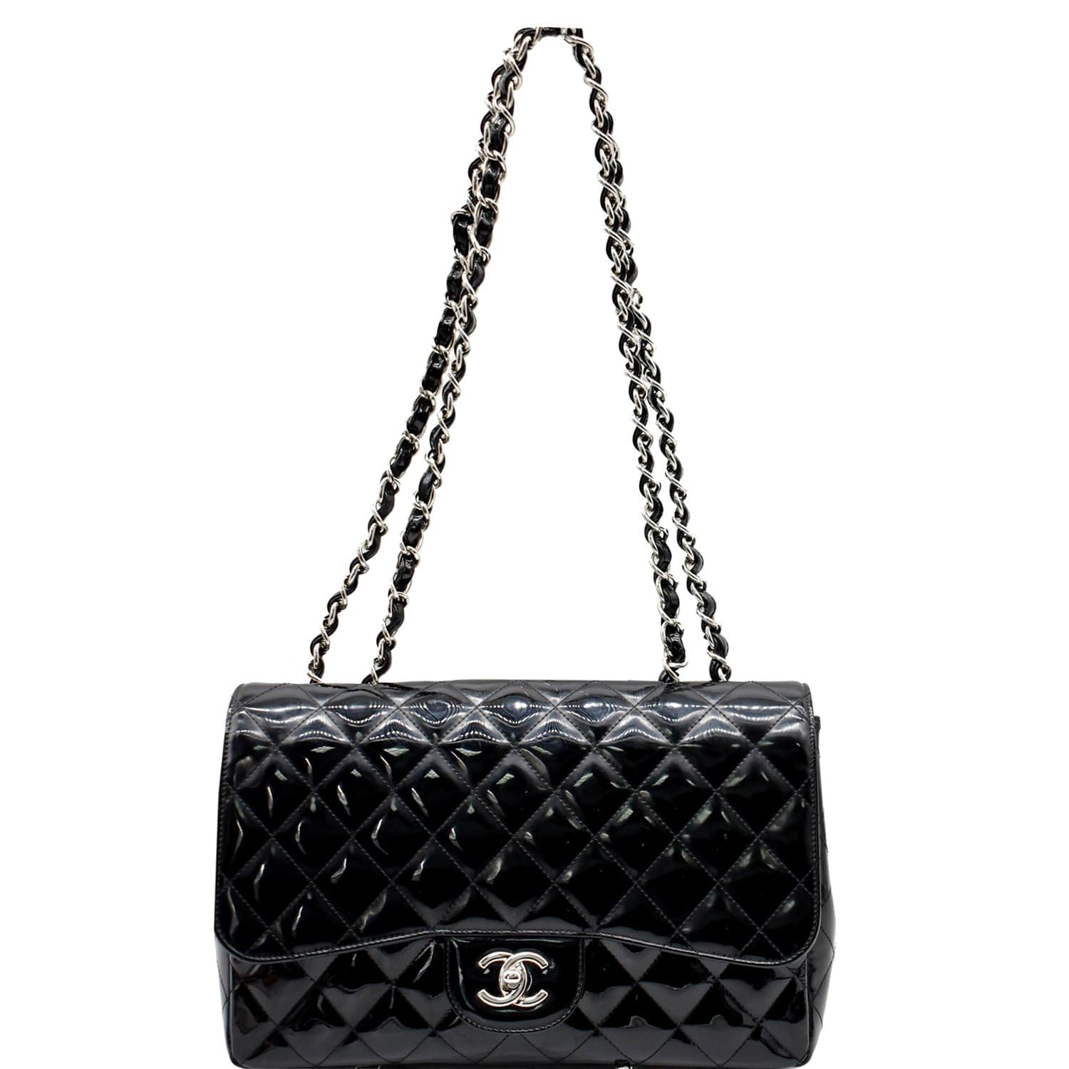 Chanel Black Chevron Quilted Patent Leather Jumbo Classic Single Flap Bag, myGemma, CH