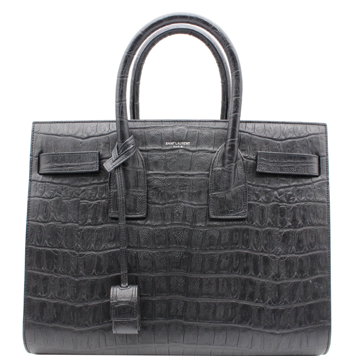 Saint Laurent Sac De Jour bag in crocodile printed gray leather