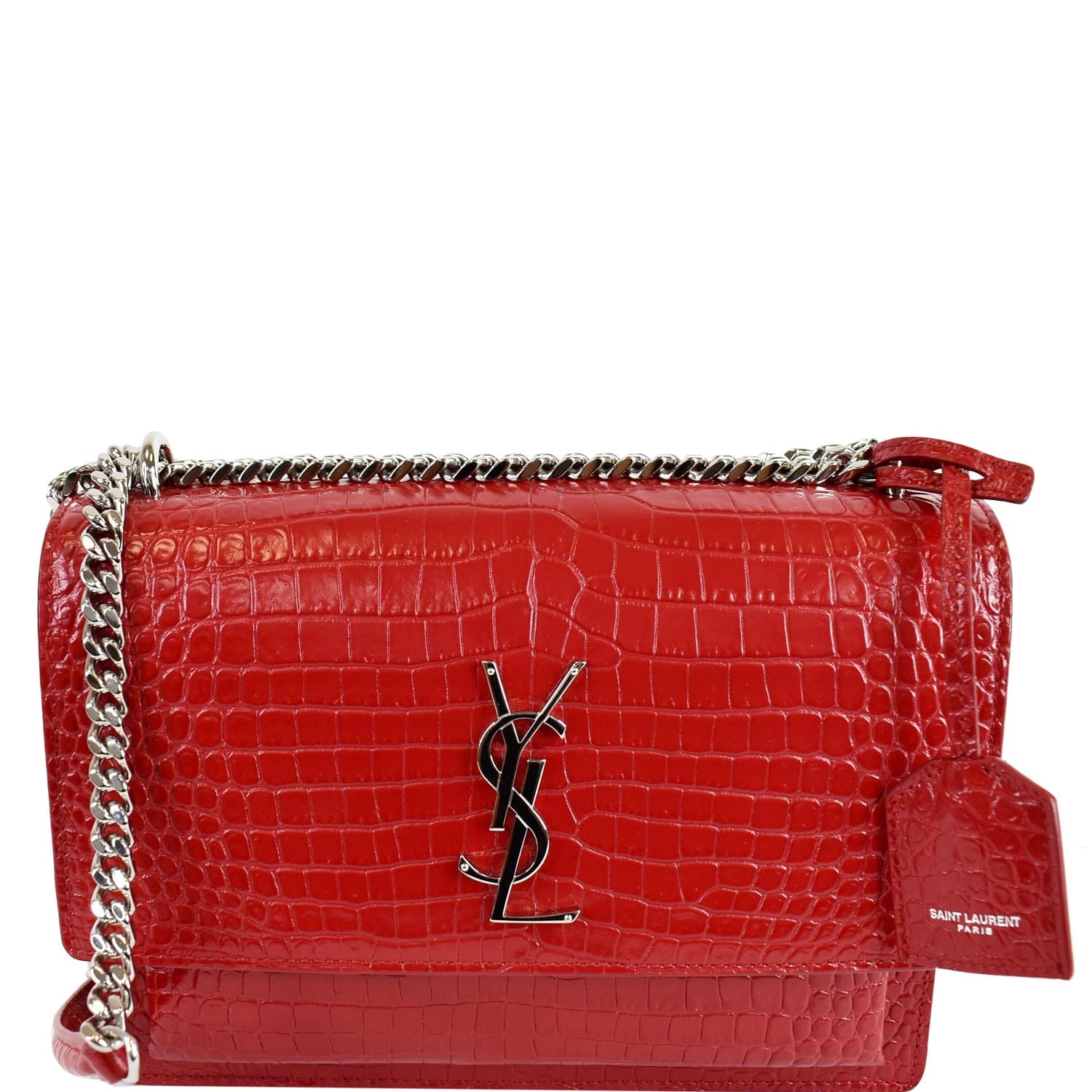 Shop Saint Laurent Medium Sunset Croc-Embossed Shoulder Bag