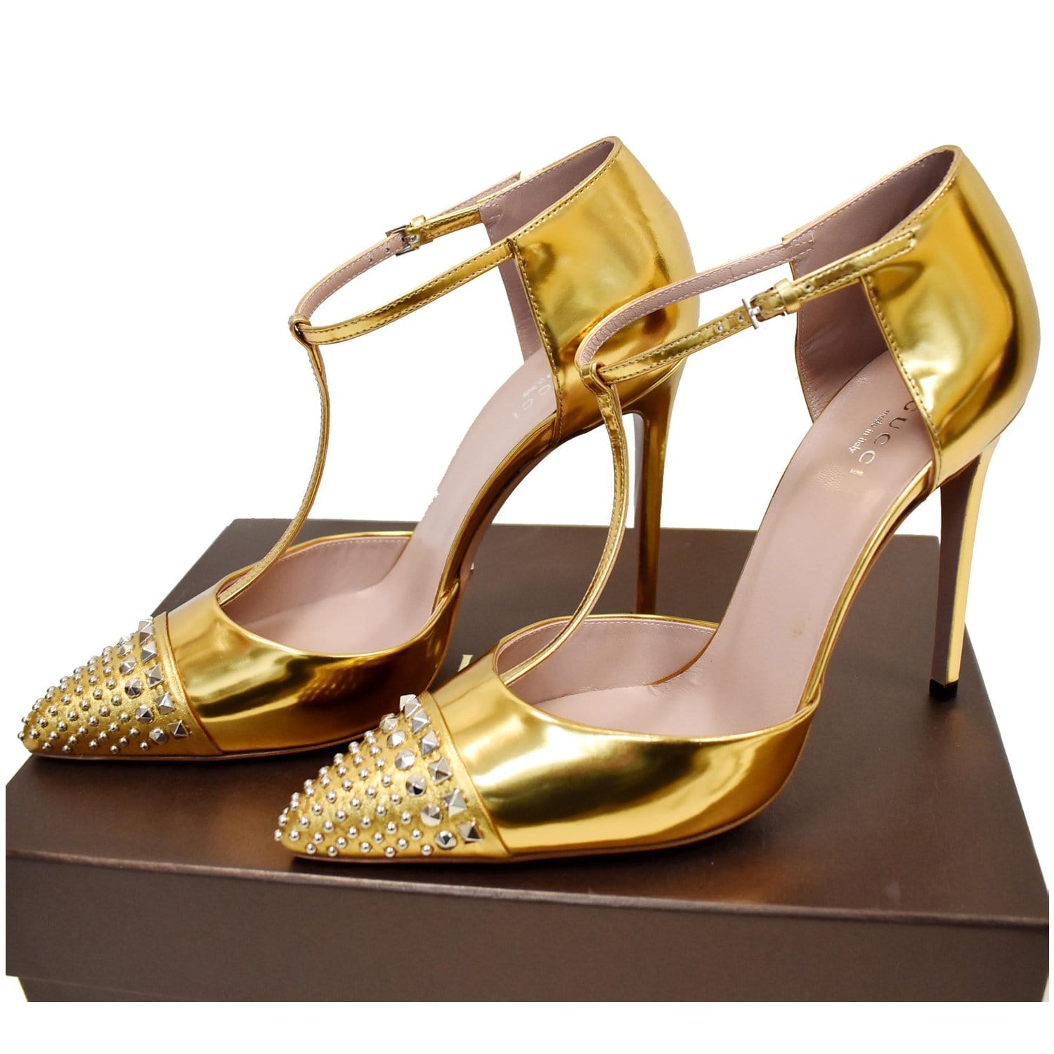 Gucci Studded T-Strap Leather Heel Pumps Gold