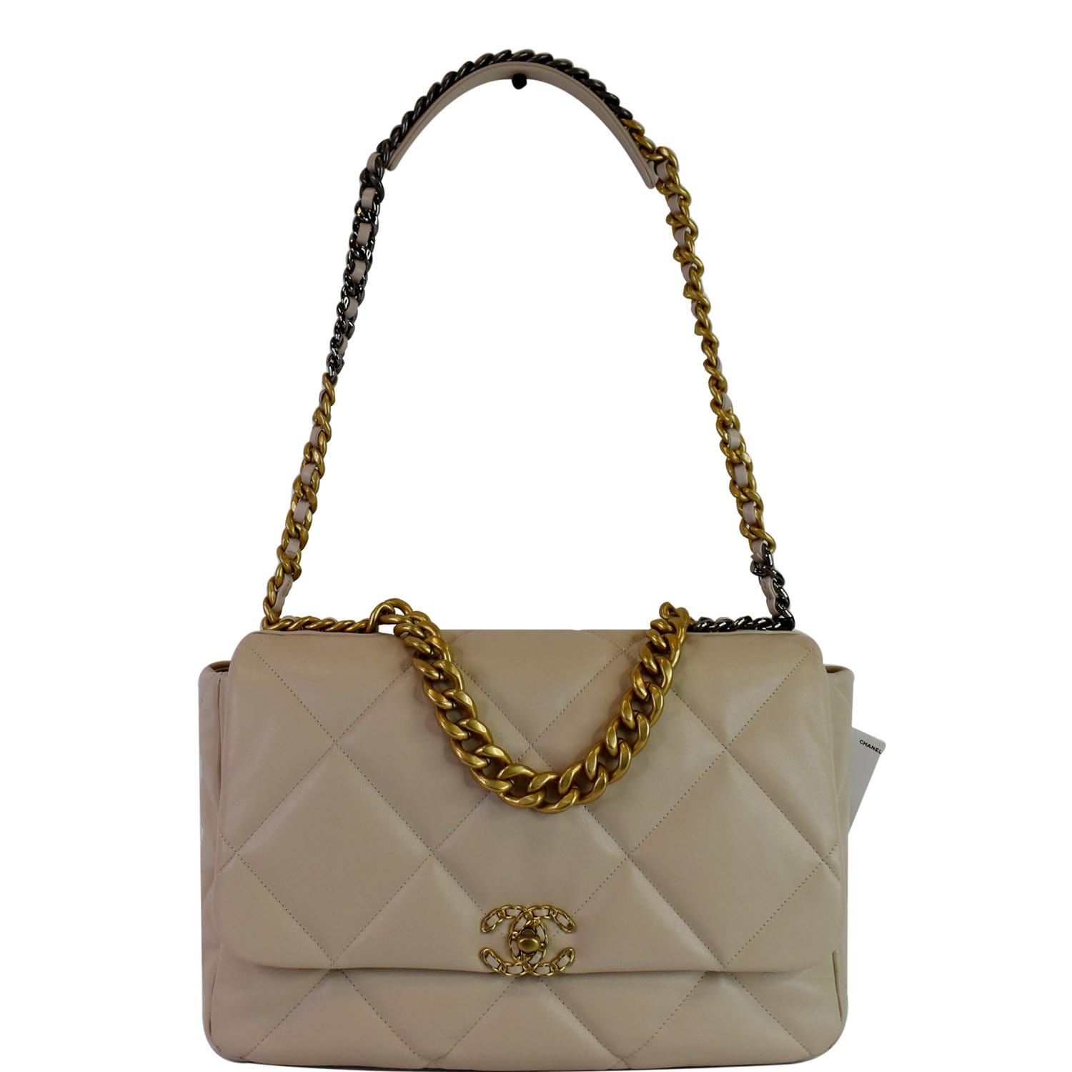 CHANEL Maxi 19 Quilted Goatskin Leather Shoulder Bag Beige