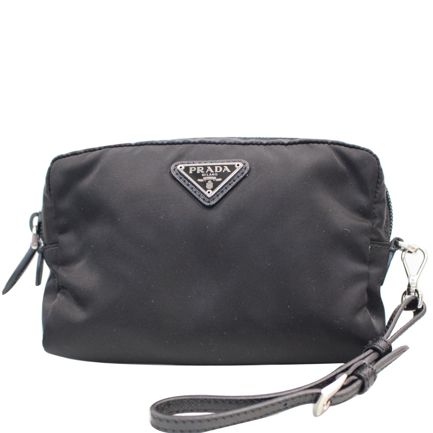 PRADA Logo Round Edge Nylon Cosmetic Wristlet Pouch Black 1NE021