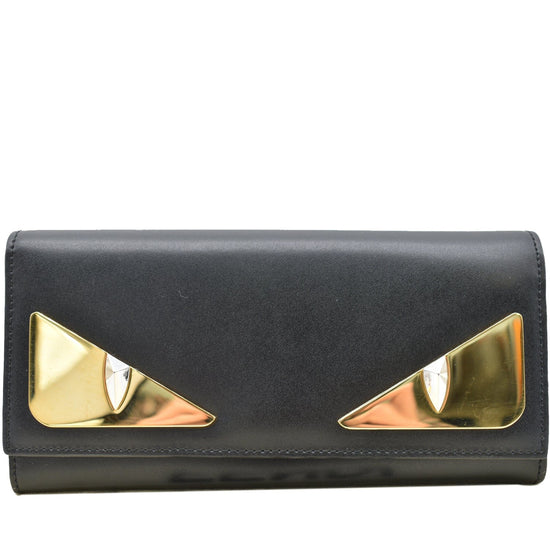 FENDI Monster Eyes Continental Smooth Leather Wallet Black Zip