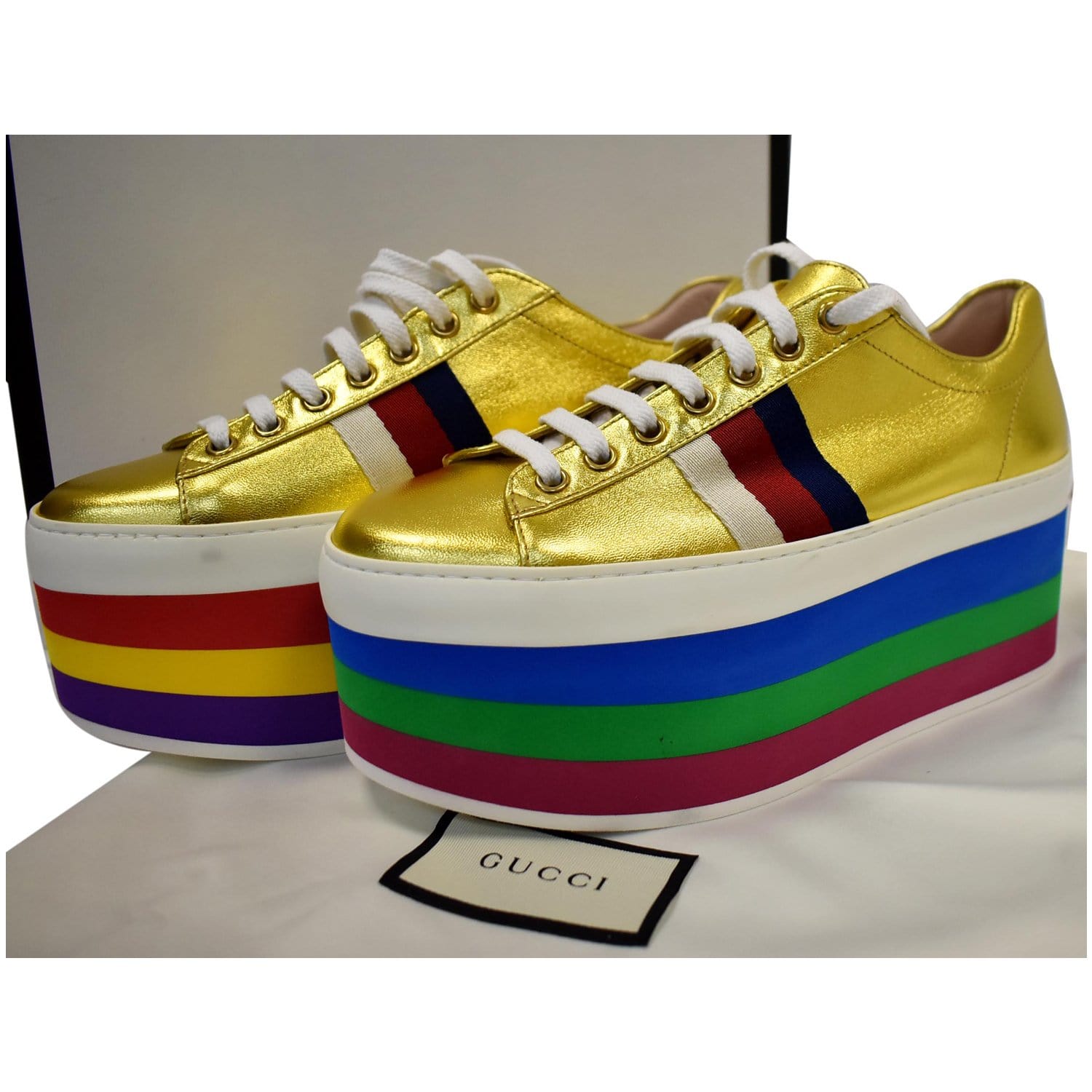 Paradoks Nødvendig bryder daggry GUCCI Peggy Rainbow Metallic Nappa Silk Platform Sneakers Gold 474538