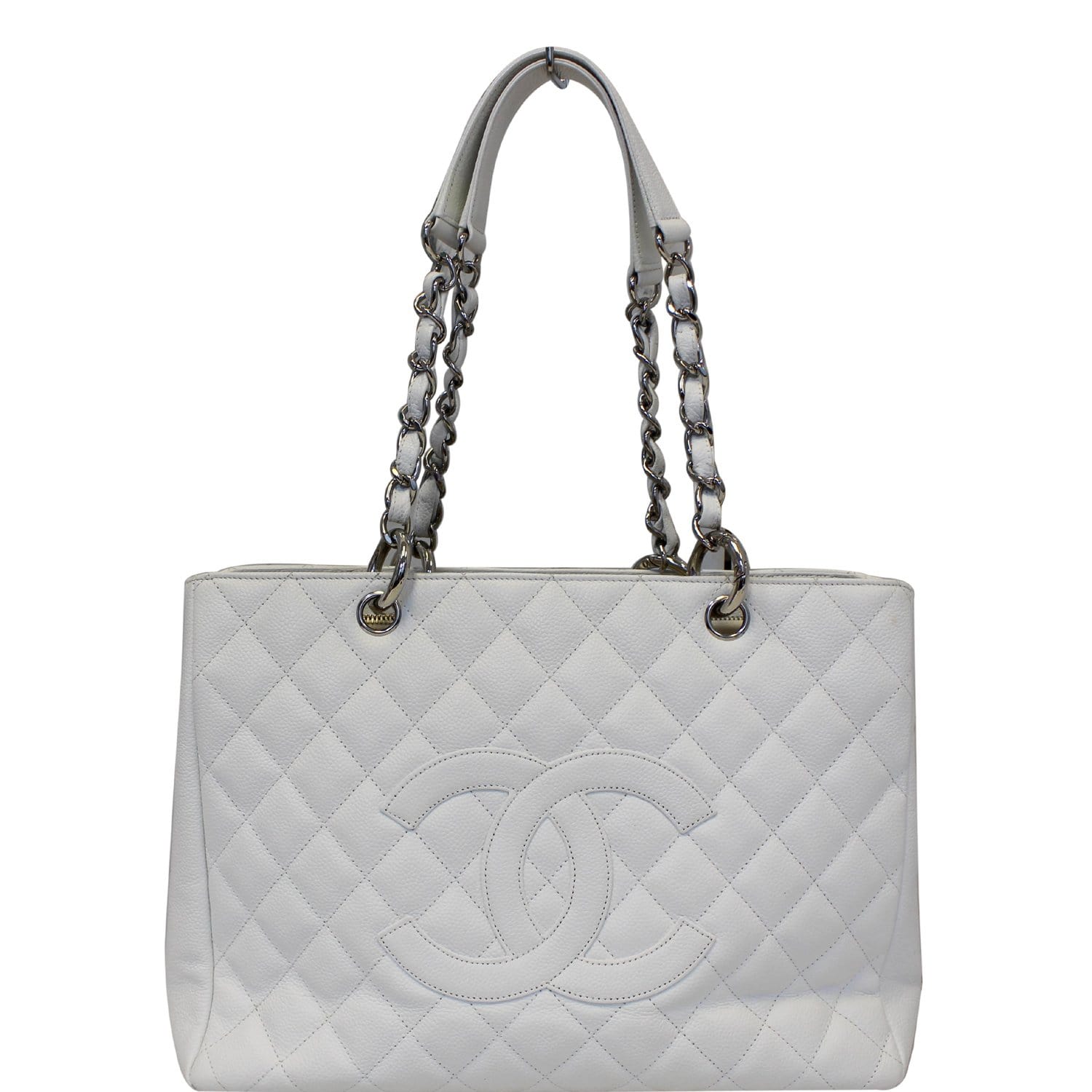 Chanel White Quilted Caviar Leather Grand Shopping Tote Bag - Yoogi's Closet