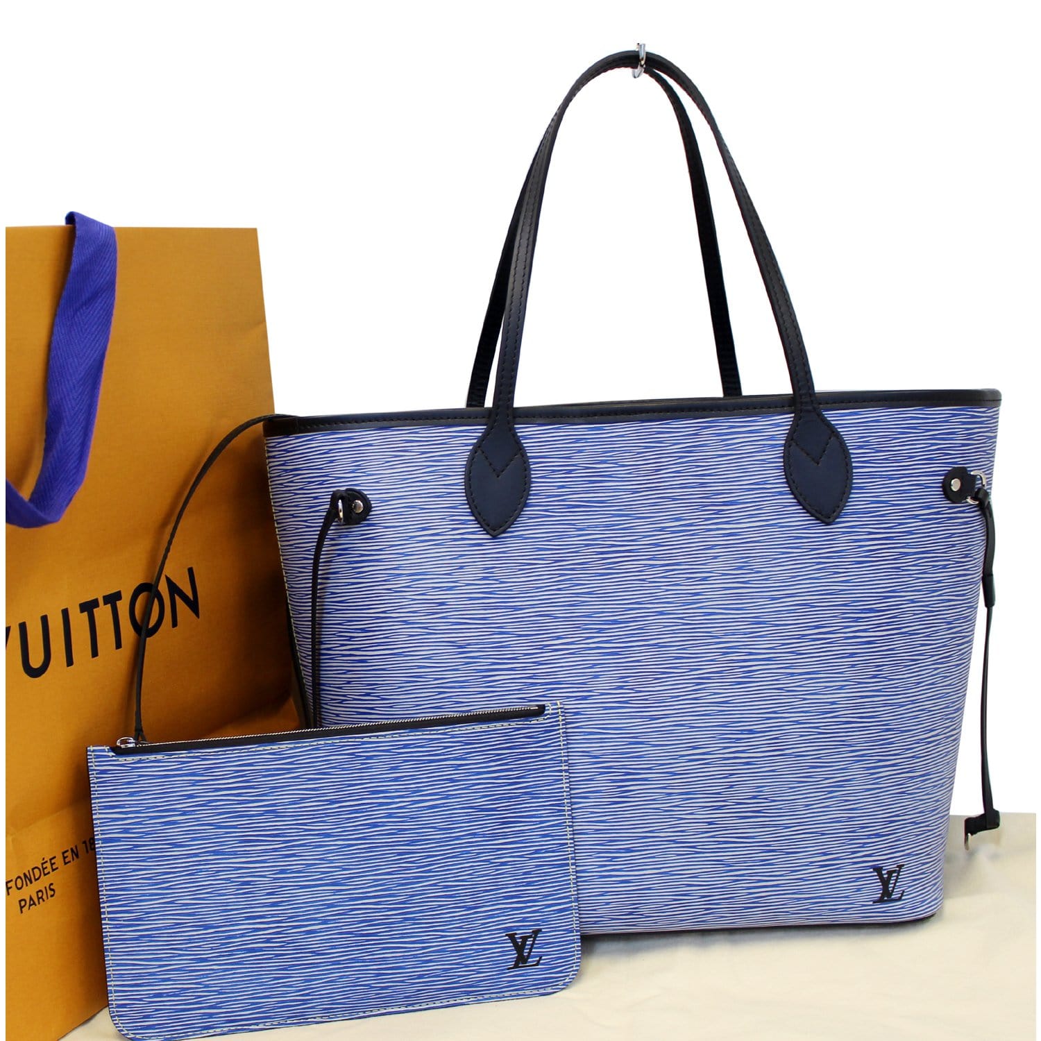 Louis Vuitton Neverfull MM Epi Leather Denim Blue Tote Bag w/Pouch