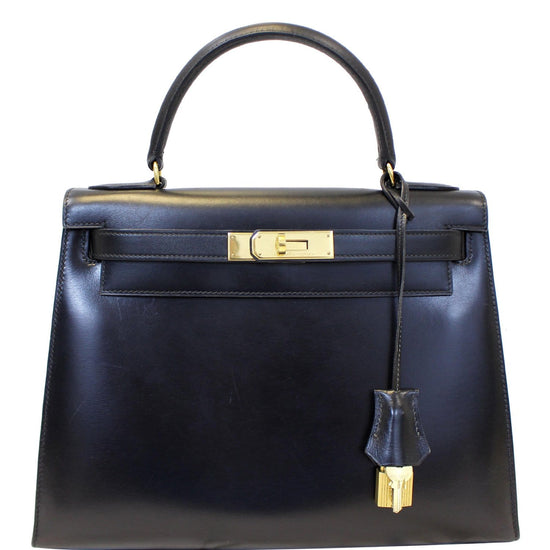 HERMES Kelly Sellier 28 Box Leather Satchel Bag Black