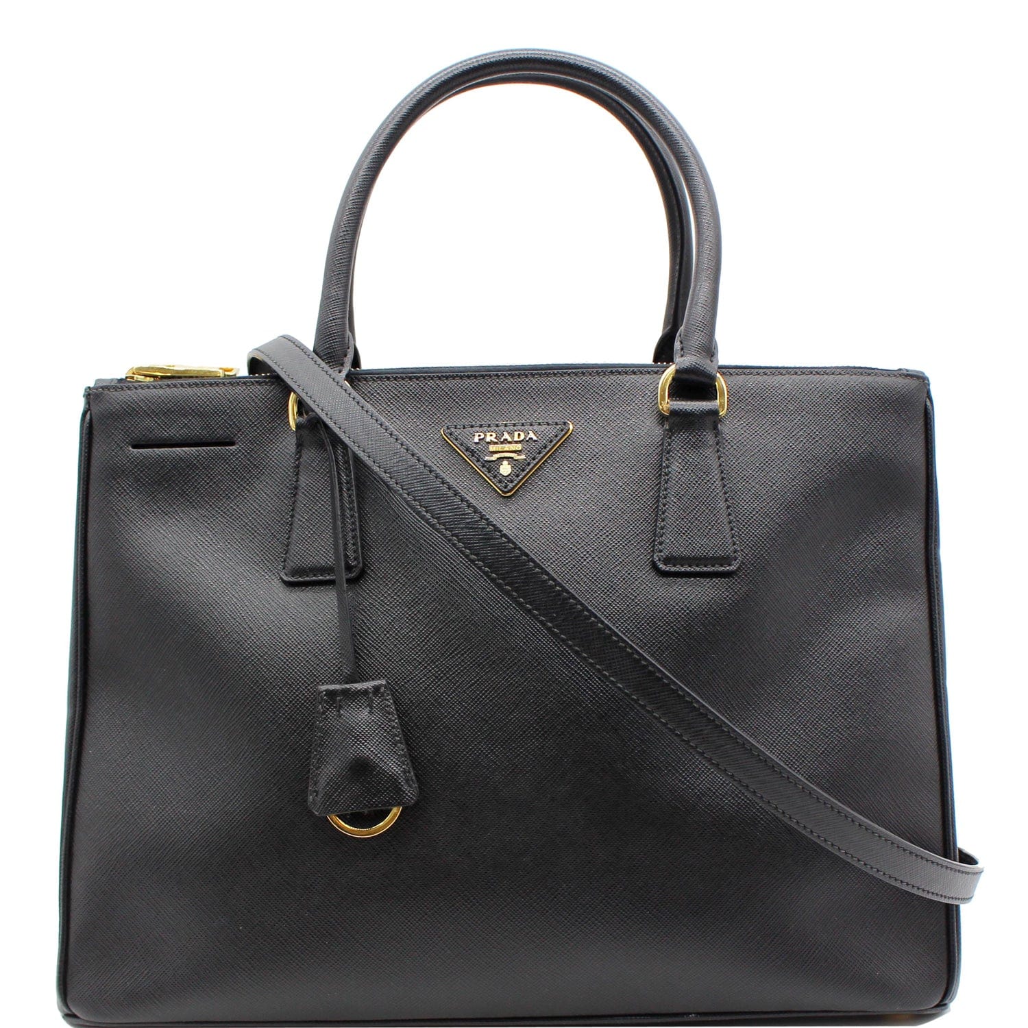 PRADA Saffiano Lux Double-Zip Leather Tote Shoulder Bag Black