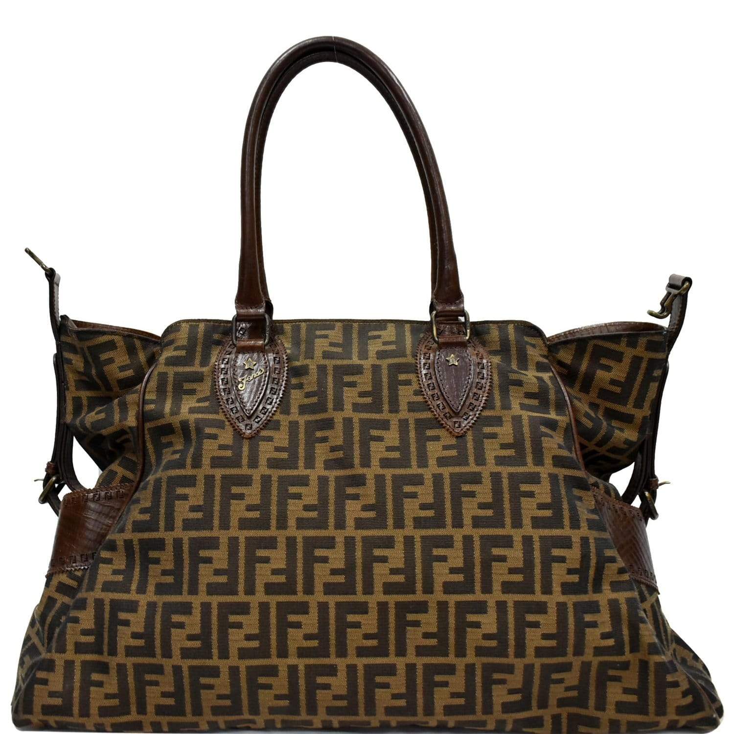 Fendi Tote Brown Monogram Canvas Leather Strap Handbag
