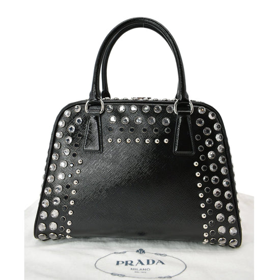 PRADA Vernice Crystal Small Frame Studded Saffiano Leather Top Handle