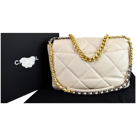 CHANEL Maxi 19 Quilted Goatskin Leather Shoulder Bag Beige