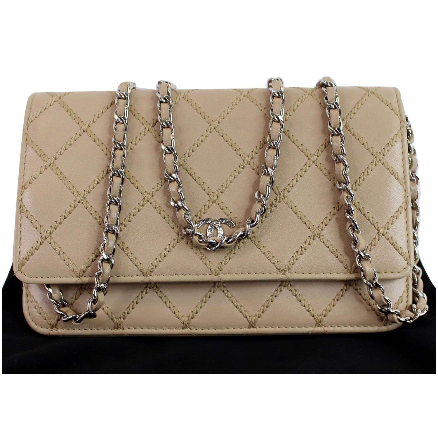 CHANEL Diamond Stitch Wallet On Chain Calfskin WOC Crossbody Bag Beige