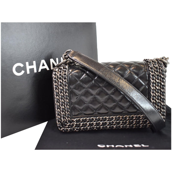 Chanel Small Black Quilted Shiny Calfskin Chain-Embellished Boy Bag