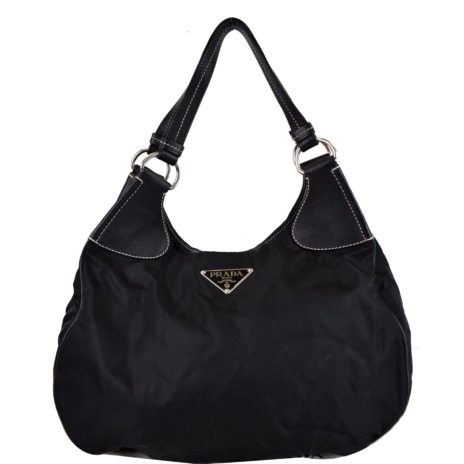 Leather Trimmed Nylon Tote in Black - Prada