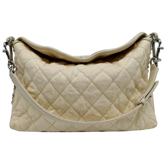 CHANEL French Riviera Quilted Caviar Leather Hobo Bag White