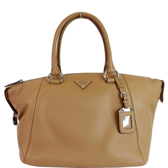 PRADA Inchiostro Vitello Daino Leather Double Handle Satchel Bag Tan