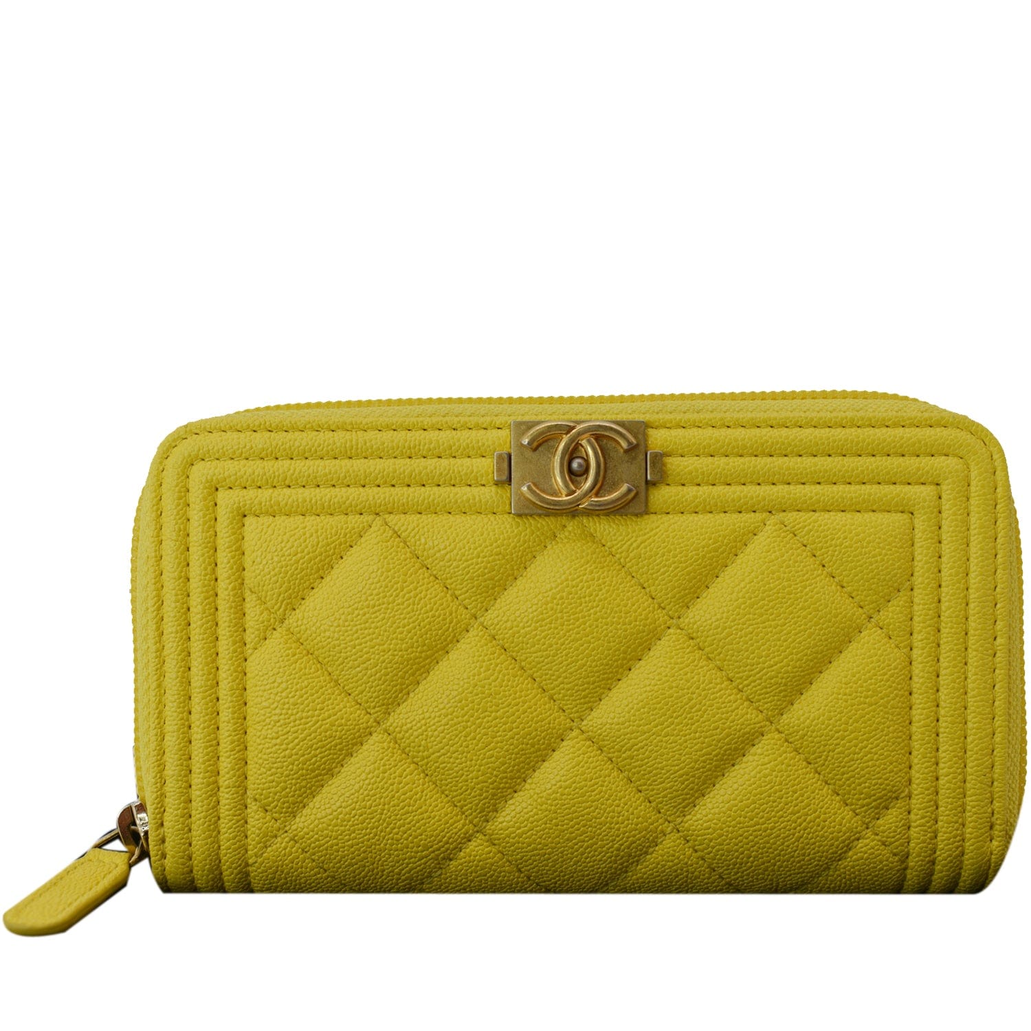 CHANEL Boy Caviar Quilted Zip Around Wallet Yellow