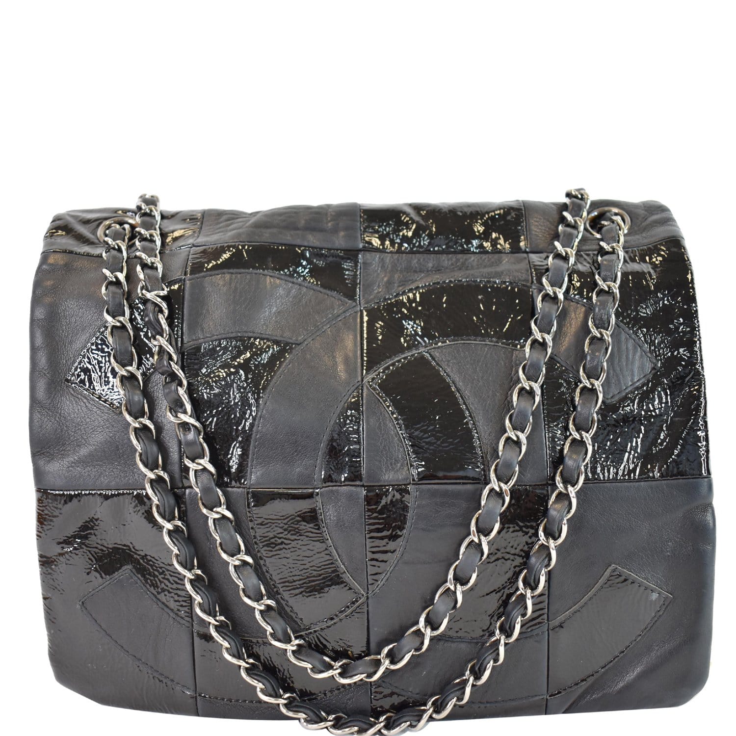 CHANEL Brooklyn Patchwork Flap Patent Leather Shoulder Bag Black