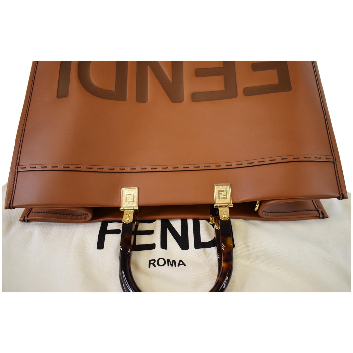 FENDI Sunshine Plexiglass Medium Leather Shopper Tote Bag Brown