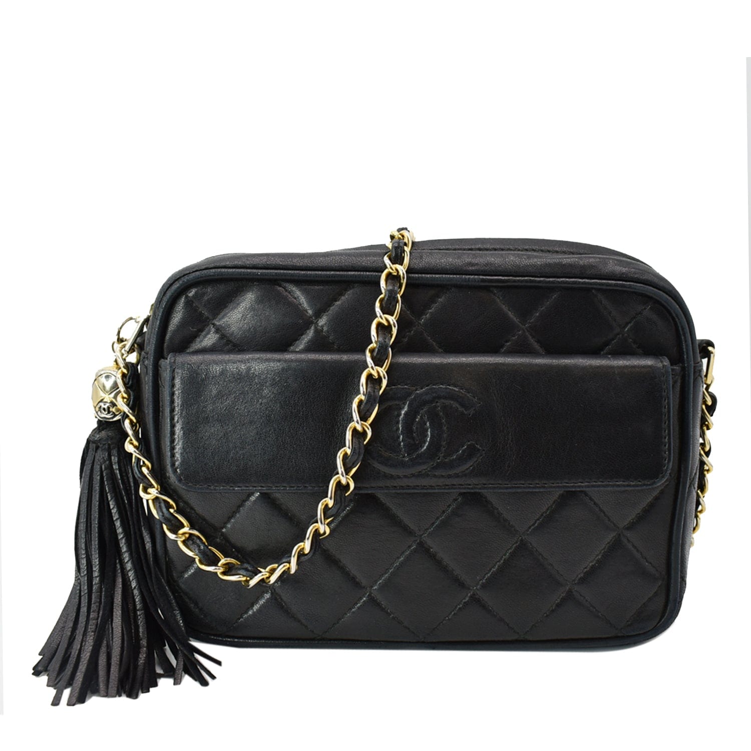 used Pre-owned Authenticated Chanel Small Fringe Shopping Bag Lambskin Leather Black Shoulder Bag Unisex (New with Defects), Adult Unisex, Size: XL