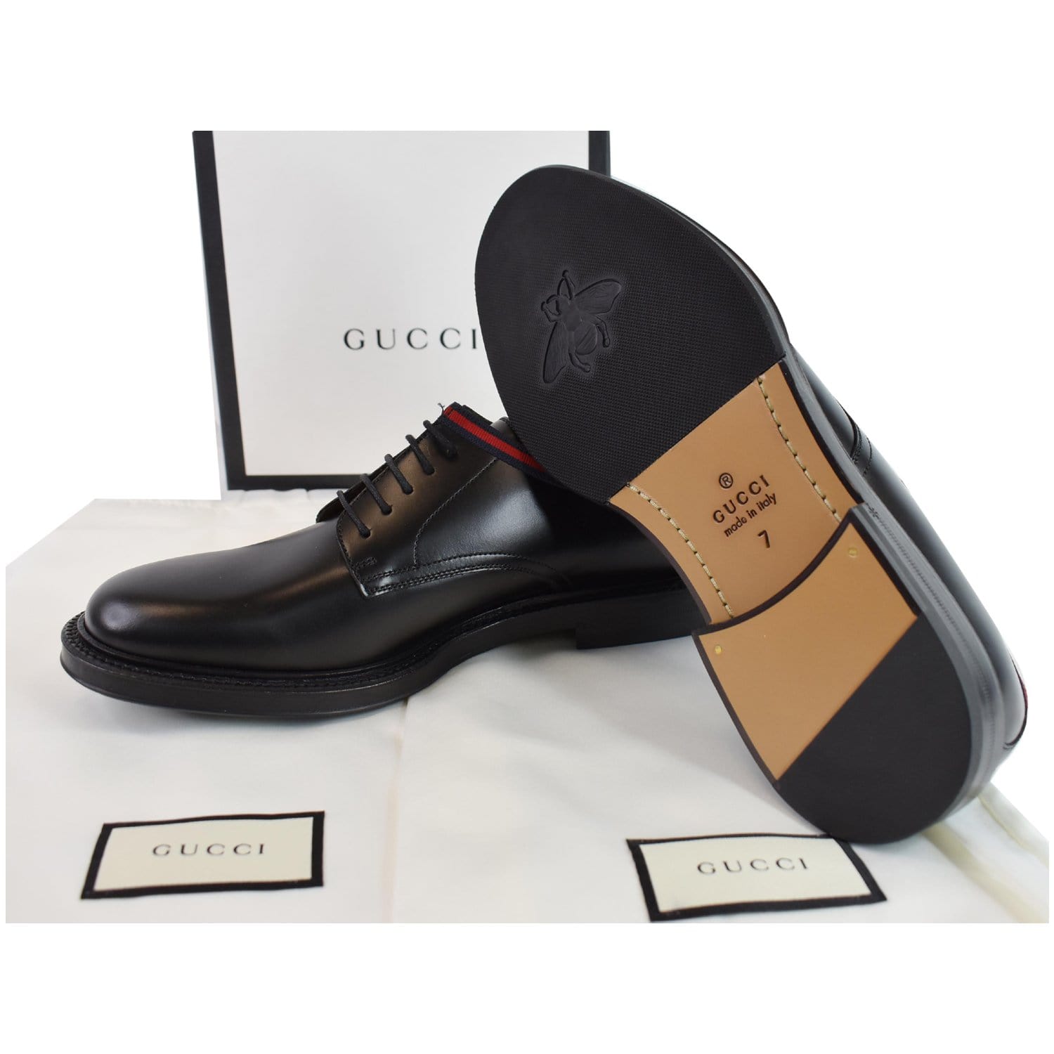 Gucci Classic Web Lace Up Shiny Leather Shoes Black US7