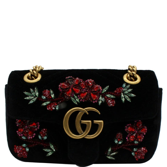 Authentic New Gucci GG Marmont Fuchsia ChevronQuilted Velvet Floral  Shoulder Bag